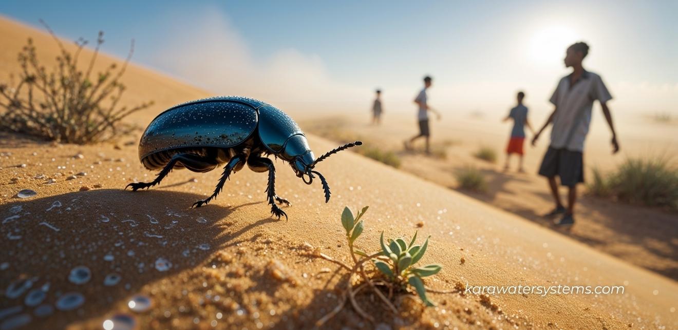 Water droplets forming on the shell of a desert beetle collecting fog moisture