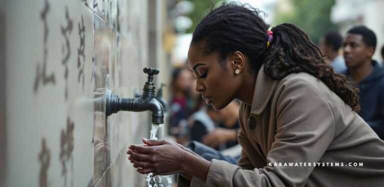 Woman washing hands and drinking from a water faucet.