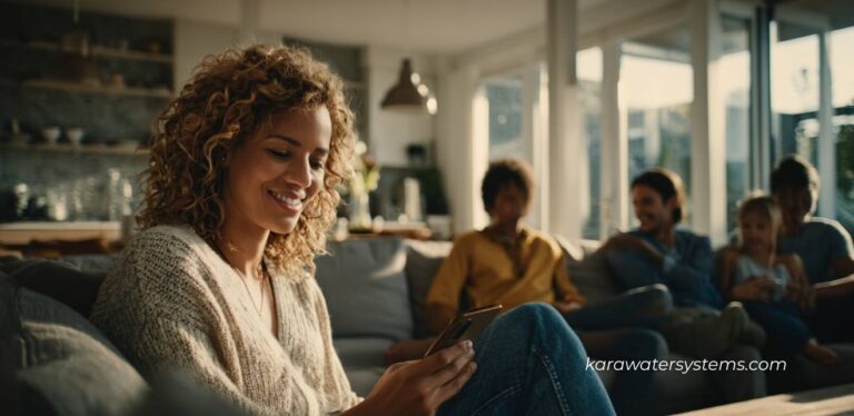 Family tracking household water usage through daily activities like showering and laundry using a mobile app