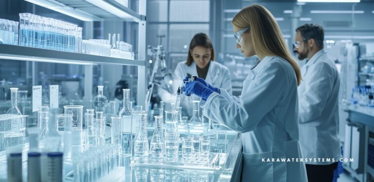 Technicians in a modern lab conducting water mineral analysis using beakers, test tubes, and digital meters to measure pH and mineral content